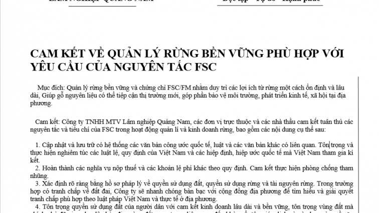 CAM KẾT VỀ QUẢN LÝ RỪNG BỀN VỮNG PHÙ HỢP VỚI YÊU CẦU CỦA NGUYÊN TẮC FSC